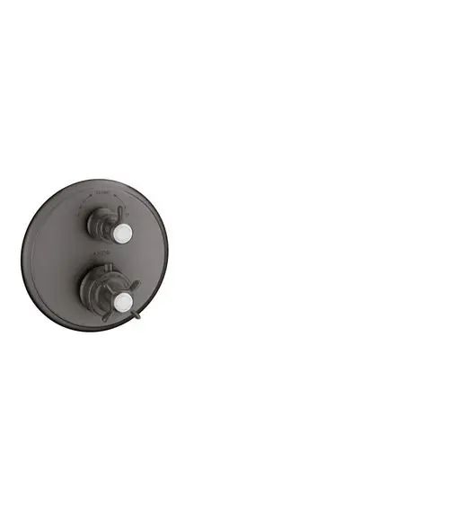 Thermostat mit zwei Steuergriffen von AXOR in Brushed Black Chrome, montiert auf einer runden Platte mit Markierungen für Temperatur und Wasserfluss.